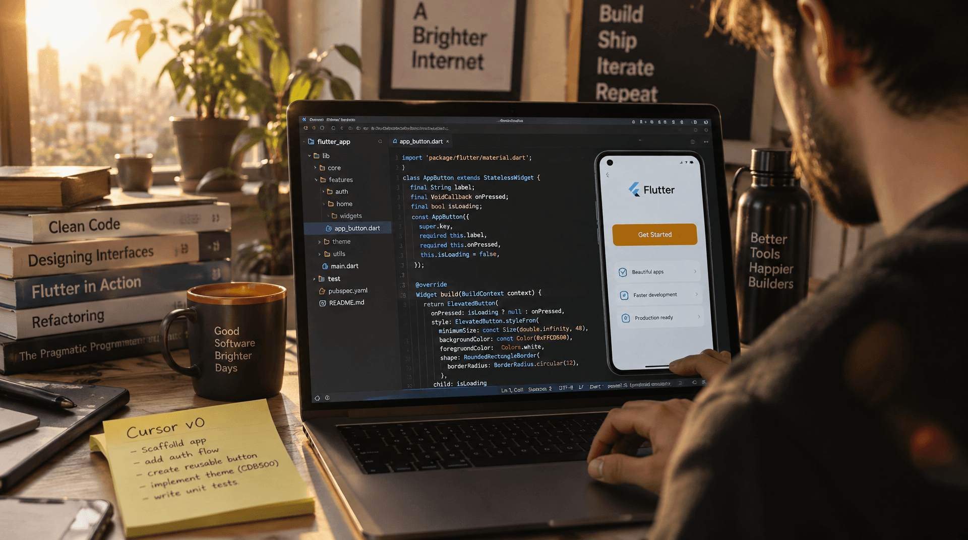 Generate a production‑ready Flutter button with Cursor v0 prompts