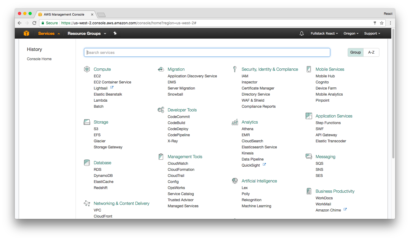 aws services drop-down